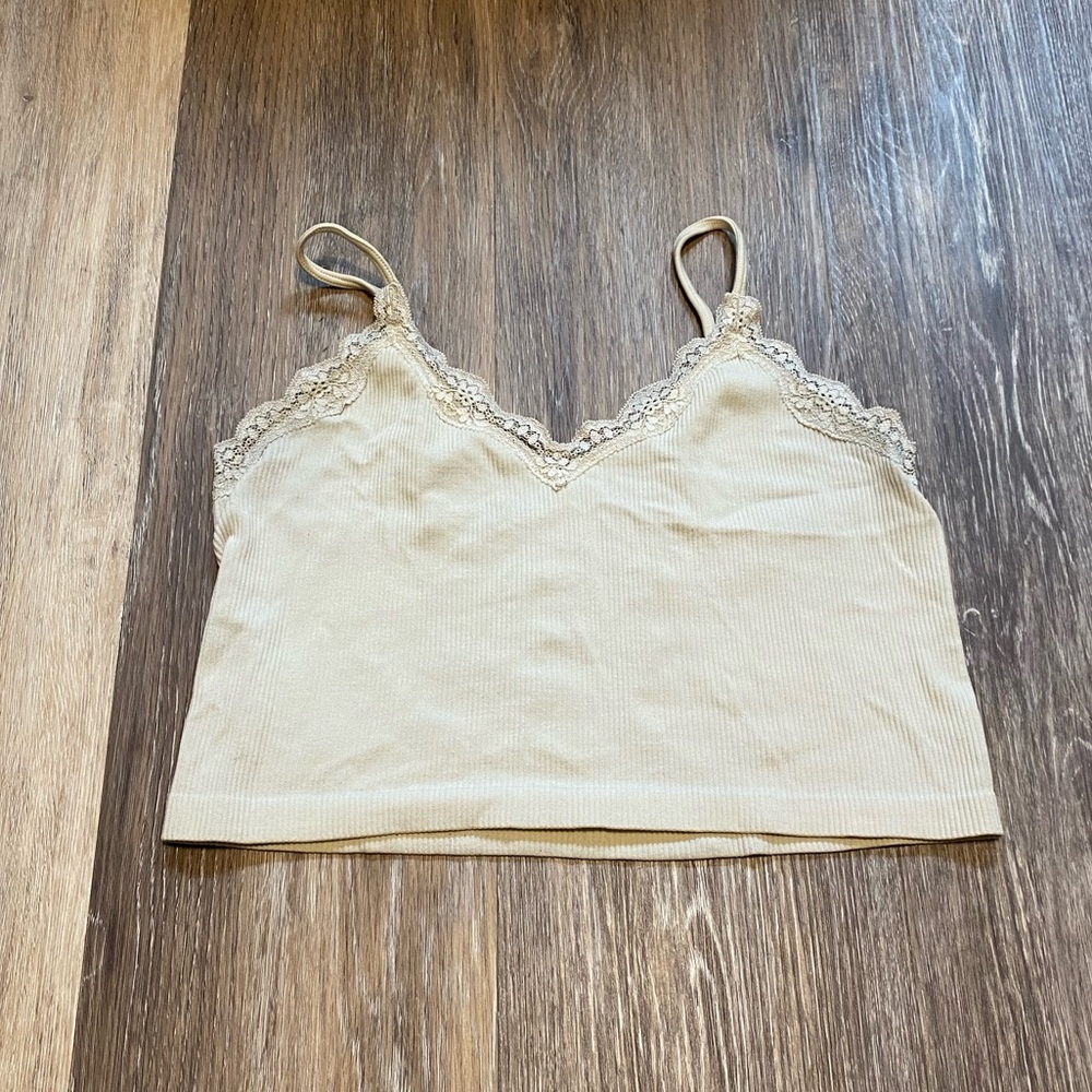 Rib Knit Lace Trim Cropped V Neck Cream Camisole Large Fairy Grunge Y2K Baby Top